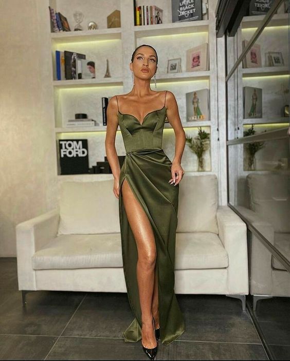 Green/Black New Style Fashion Spaghetti Straps Long Slit Sexy Satin Classy Prom Dress Classy Evening Dress Classy Dress