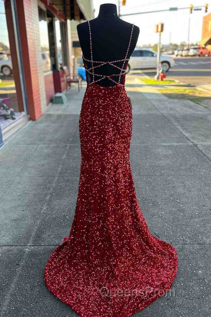 Long Evening Prom Dress Red Sequins Beaded Mermaid Evening Dress Straps Secondary image