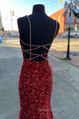 Long Evening Prom Dress Red Sequins Beaded Mermaid Evening Dress Straps