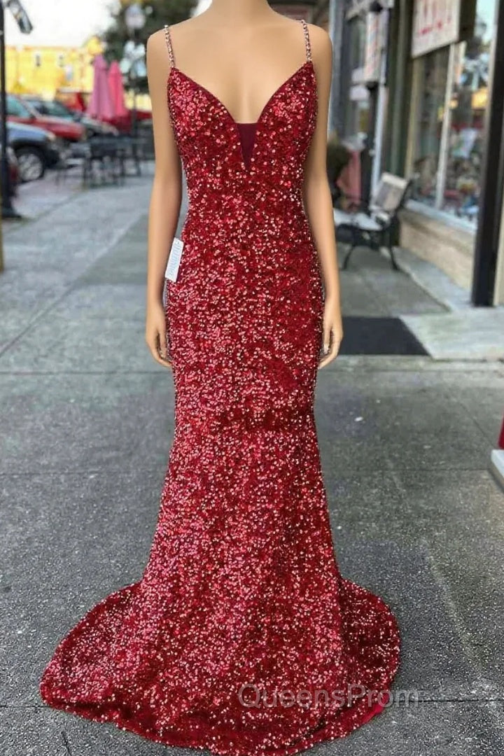 Long Evening Prom Dress Red Sequins Beaded Mermaid Evening Dress Straps Main image