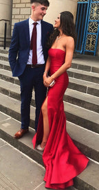 Long Classy Prom Dress, Strapless Mermaid Red Classy Prom Dress With Slit