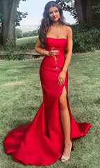 Long Classy Prom Dress, Strapless Mermaid Red Classy Prom Dress With Slit