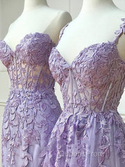 Long Purple Lace Evening Prom Dress,Unique A Line Formal Evening Dress