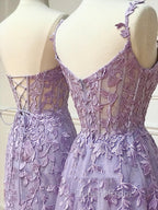 Long Purple Lace Evening Prom Dress,Unique A Line Formal Evening Dress