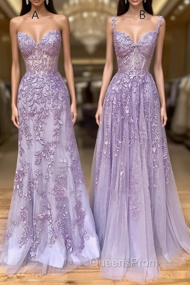Long Purple Lace Evening Prom Dress,Unique A Line Formal Evening Dress Main image
