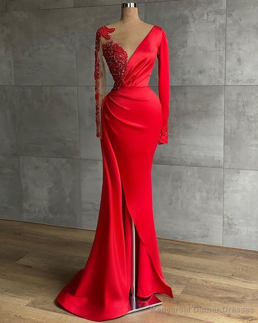 Long Red Satin Evening Dresses, Sheer Neckline Long Sleeve Beaded African High Slit Women Formal Prom Dress