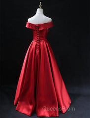 Long Red Satin Evening Prom Dress Off The Shoulder Evening Gowns