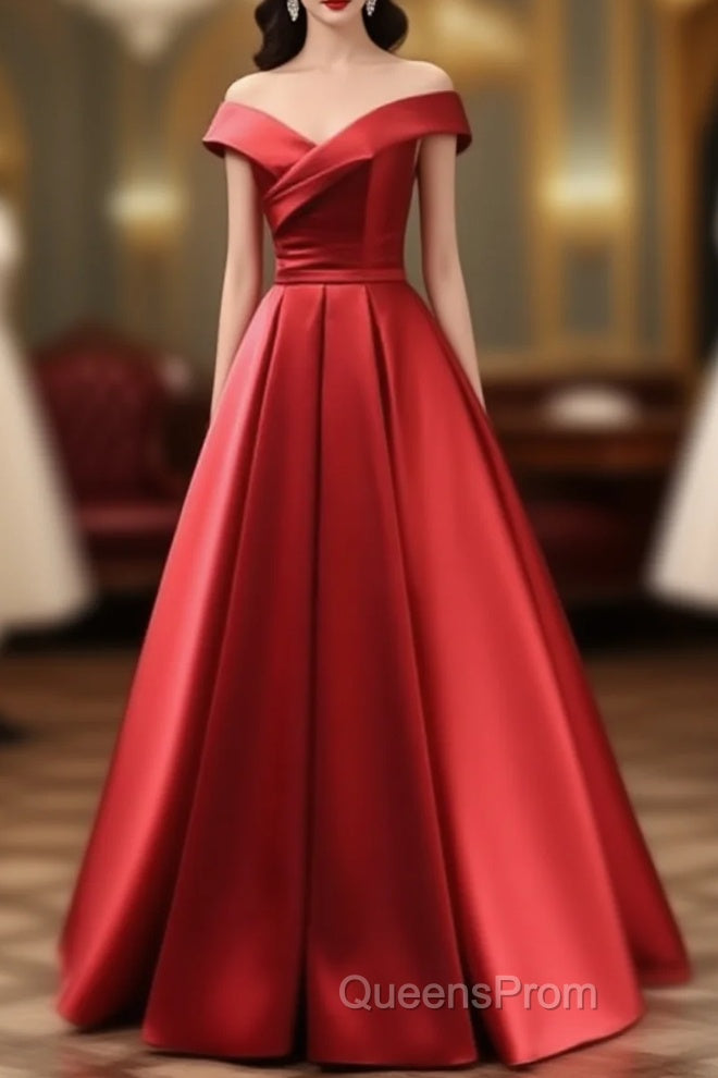 Long Red Satin Evening Prom Dress Off The Shoulder Evening Gowns Main image
