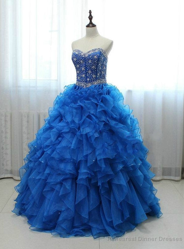 Long Royal Blue Beaded Organza Featuring Sweetheart Neck Prom Dresses Main image