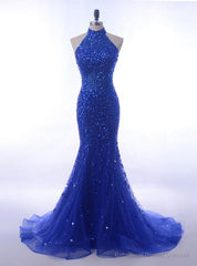 Long Royal Blue Mermaid Prom Dresses Halter For Formal Gowns