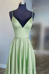 Long Sage Green V Neck Satin Dress