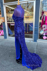 Long Sequin Evening Prom Dress Royal Blue Formal Dress One-Shoulder