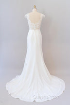 Long Sheath Illusion Lace Wedding Dress with Cap Sleeve