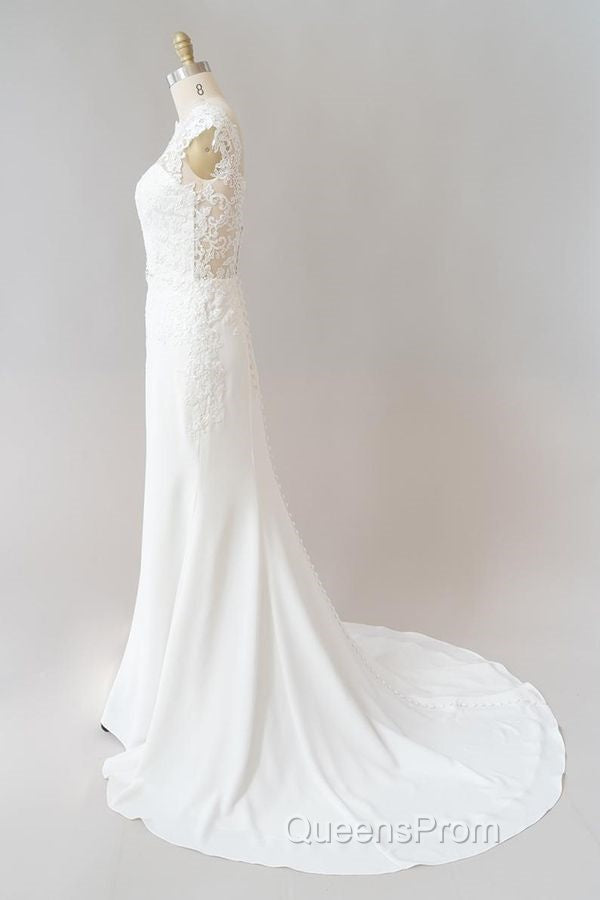 Long Sheath Illusion Lace Wedding Dress with Cap Sleeve