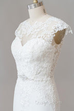 Long Sheath Illusion Lace Wedding Dress with Cap Sleeve
