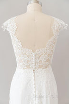 Long Sheath Illusion Lace Wedding Dress with Cap Sleeve