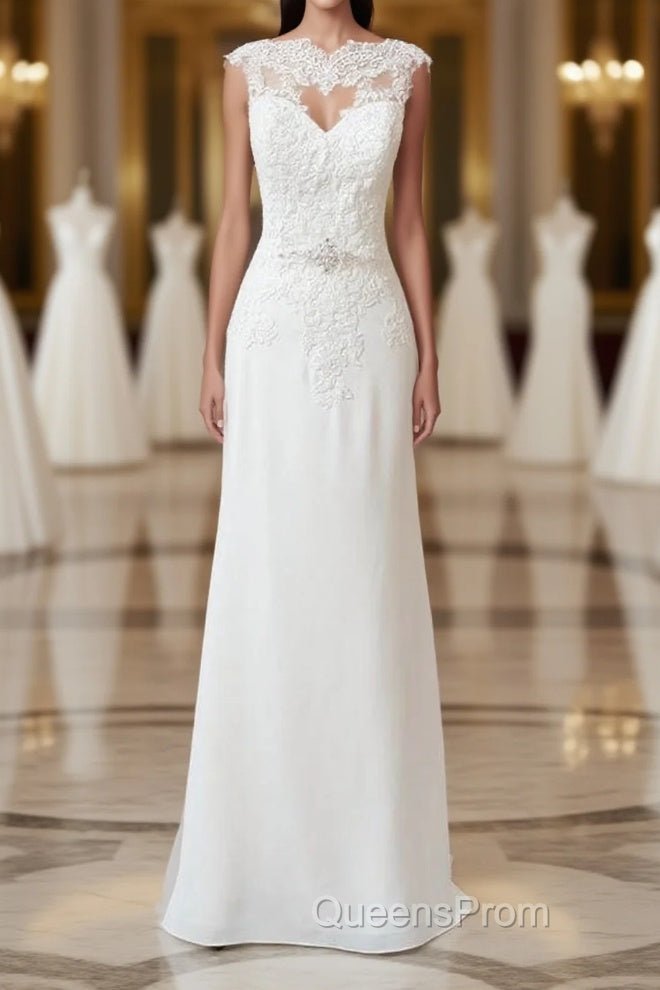 Long Sheath Illusion Lace Wedding Dress with Cap Sleeve Main image
