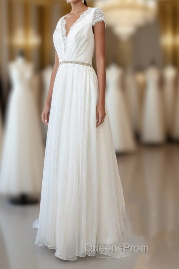 Long Sheath V-neck Lace Chiffon Wedding Dress with Cap Sleeves Main image