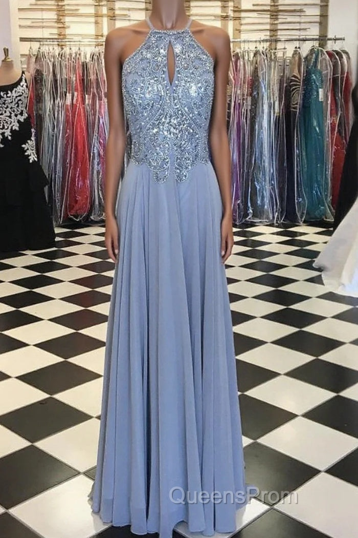Long Silver Chiffon Evening Prom Dress Halter Evening Gowns New Arrival Main image