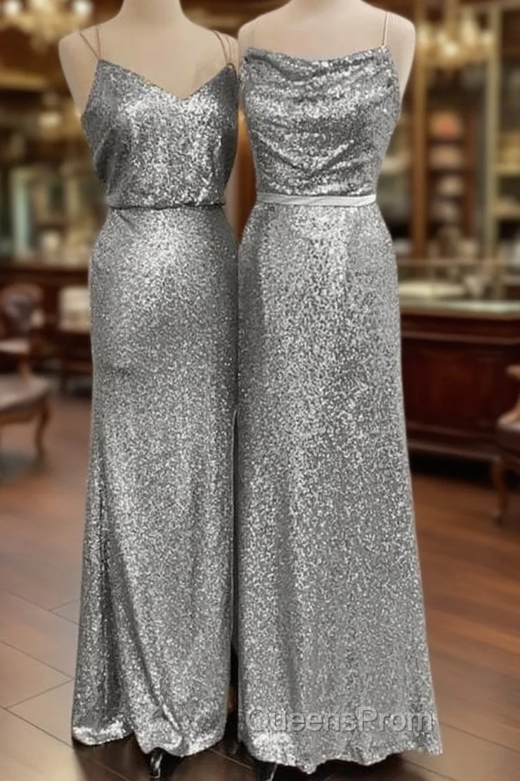 Long Silver Sequin Bridesmaid Dress Spaghetti Strap