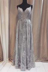 Long Silver Tulle Bridesmaid Dress Lace Appliques