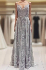 Long Silver Tulle Bridesmaid Dress Lace Appliques