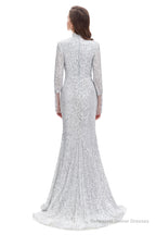 Long Sleeve Mermaid Prom Dresses Silver Sequins Trumpet