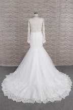 Long Sleeve Mermaid Sweetheart Appliques Lace Backless Wedding Dress