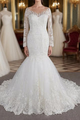 Long Sleeve Mermaid Sweetheart Appliques Lace Backless Wedding Dress
