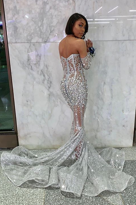 Long Sleeve Off The Shoulder Silver Black Girl Classy Prom Dress Mermaid Sexy Illusion Beads Crystals Classy Evening Gowns Cheap Secondary image