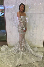 Long Sleeve Off The Shoulder Silver Black Girl Classy Prom Dress Mermaid Sexy Illusion Beads Crystals Classy Evening Gowns Cheap