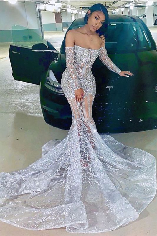 Long Sleeve Off The Shoulder Silver Black Girl Classy Prom Dress Mermaid Sexy Illusion Beads Crystals Classy Evening Gowns Cheap