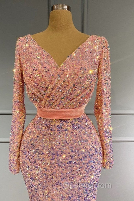 Long Sleeve Pink Mermaid Sequin Evening Prom Dress