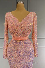 Long Sleeve Pink Mermaid Sequin Evening Prom Dress