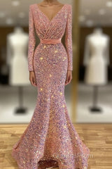 Long Sleeve Pink Mermaid Sequin Evening Prom Dress