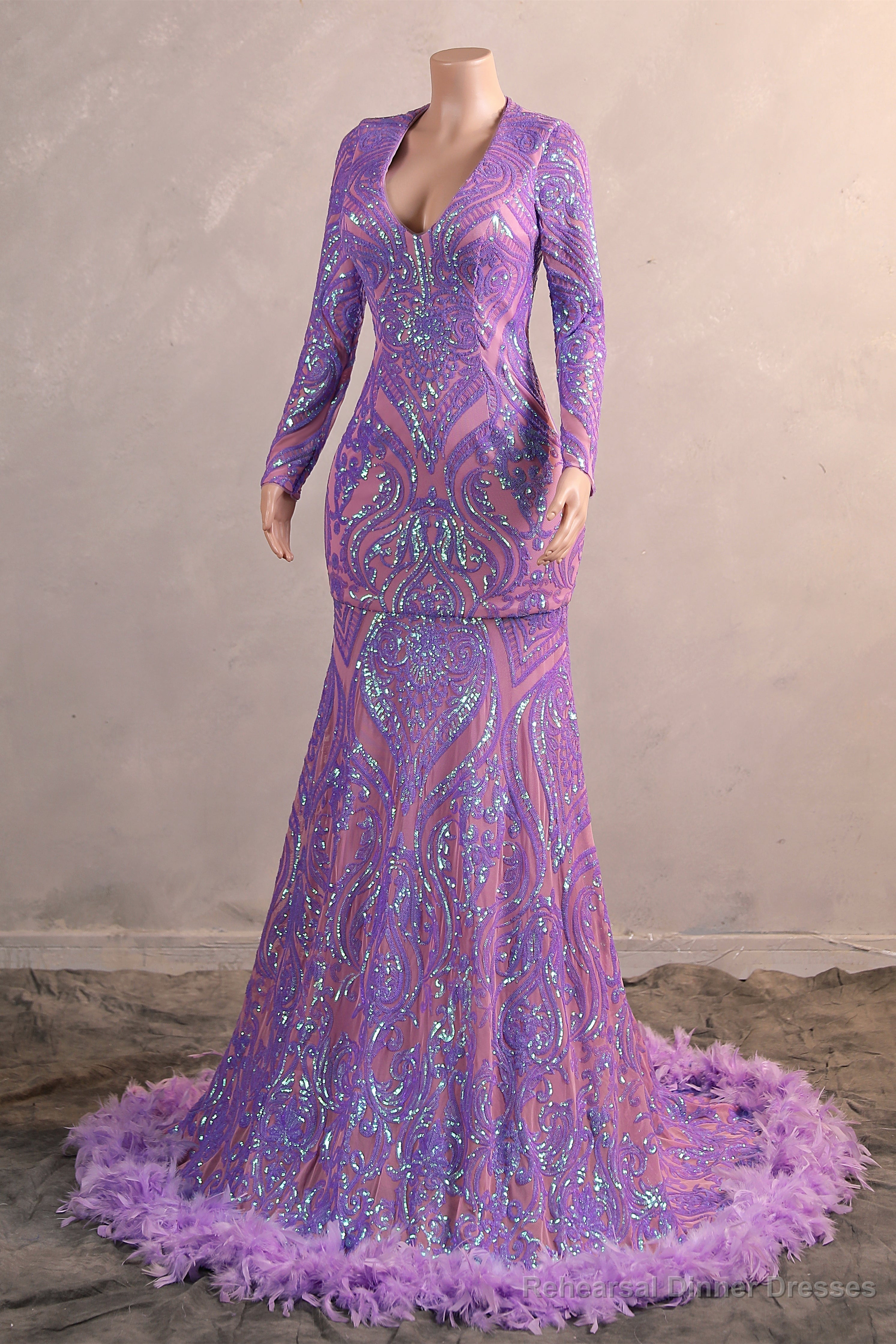 Long Sleeve Purple Prom Dresses for Teens Black Girls Luxury Feather Hem Plus Size Evening Gown Womens Sequin Party Dress Secondary image