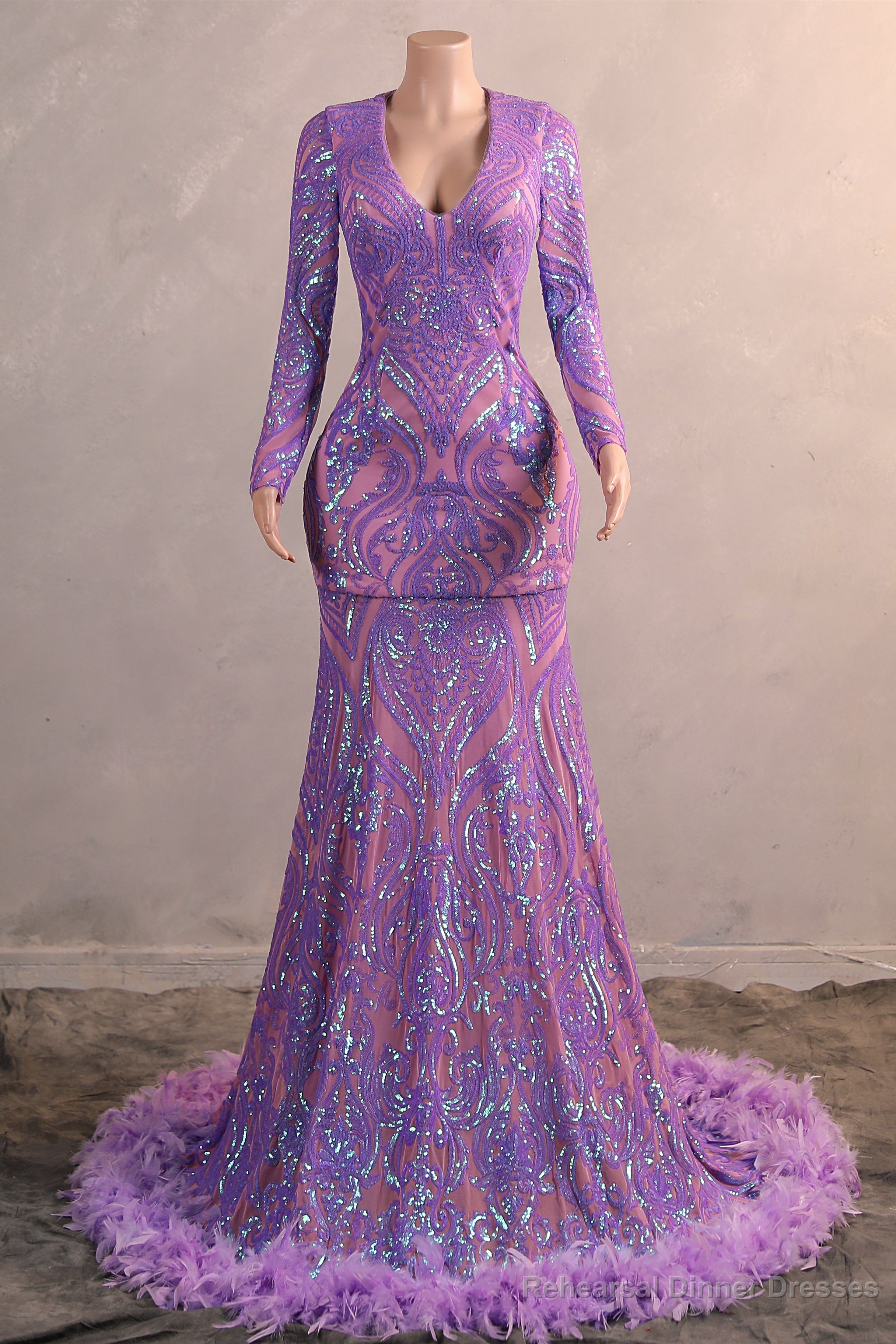 Long Sleeve Purple Prom Dresses for Teens Black Girls Luxury Feather Hem Plus Size Evening Gown Womens Sequin Party Dress Main image