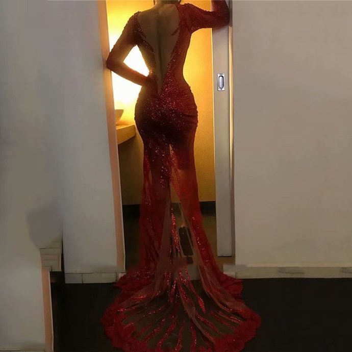 Long Sleeve Red Classy Evening Dress, Sexy Long Classy Prom Dress Secondary image