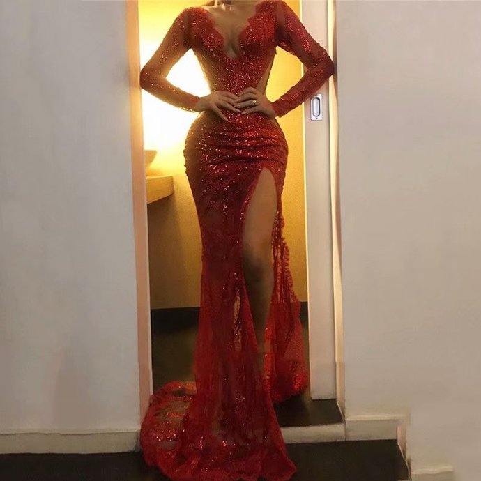 Long Sleeve Red Classy Evening Dress, Sexy Long Classy Prom Dress