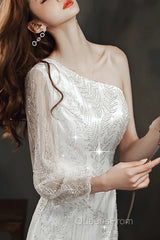 Long Sleeve Sequin Champagne Evening Prom Dress