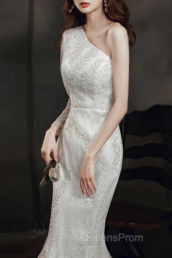 Long Sleeve Sequin Champagne Evening Prom Dress
