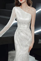 Long Sleeve Sequin Champagne Evening Prom Dress