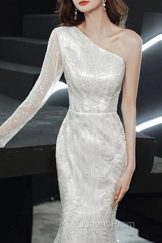 Long Sleeve Sequin Champagne Evening Prom Dress