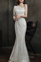 Long Sleeve Sequin Champagne Evening Prom Dress