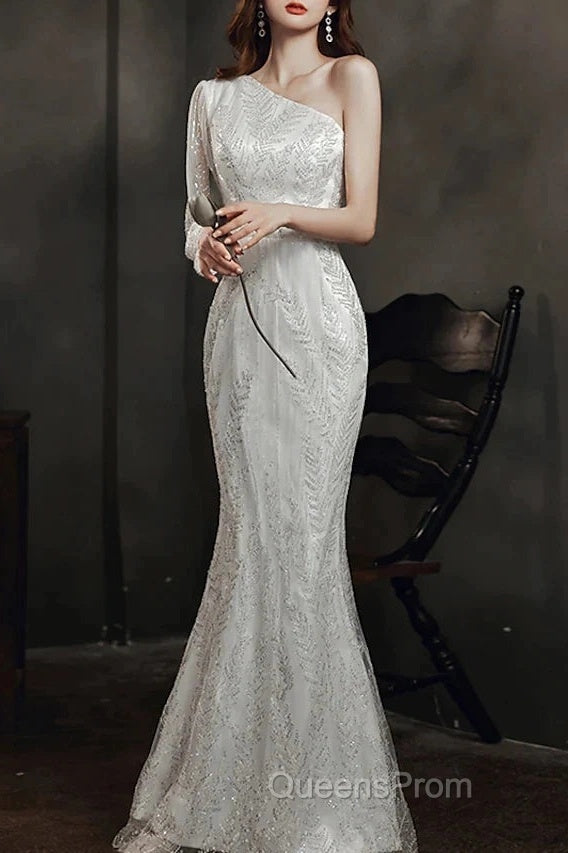 Long Sleeve Sequin Champagne Evening Prom Dress