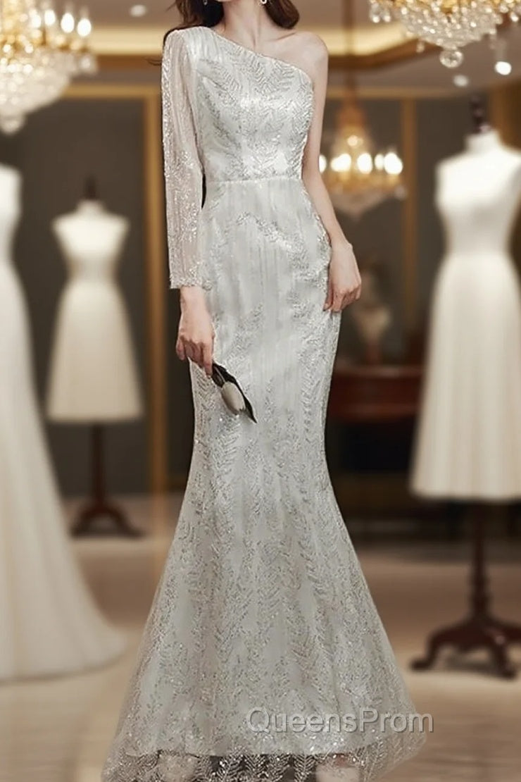 Long Sleeve Sequin Champagne Evening Prom Dress Main image