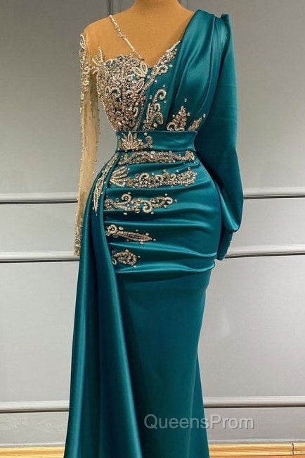 Long Sleeve Sheer Beading Ruched Satin Green Trumpet Mermaid Evening Prom Dress Secondary image