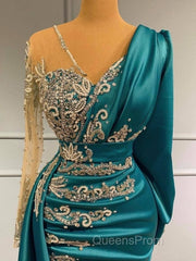 Long Sleeve Sheer Beading Ruched Satin Green Trumpet Mermaid Evening Prom Dress