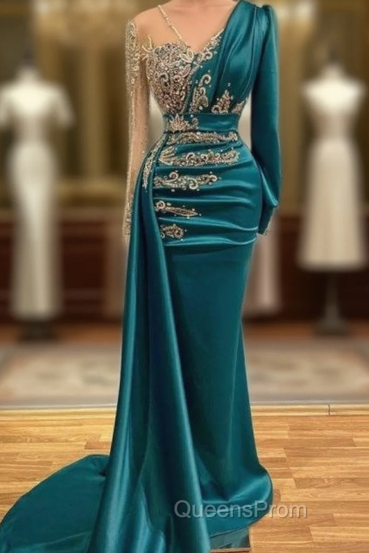 Long Sleeve Sheer Beading Ruched Satin Green Trumpet Mermaid Evening Prom Dress Main image