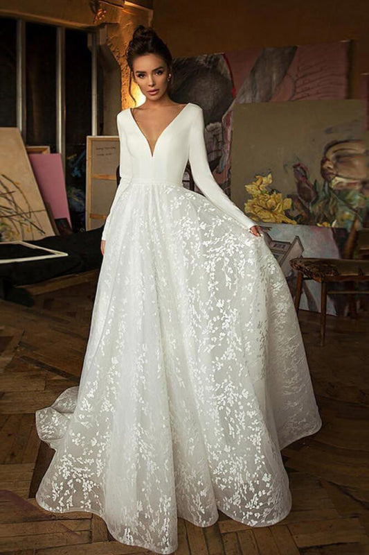 Long Sleeve V-Neck Boho Bridal Gowns Backless Lace Wedding Dress Main image